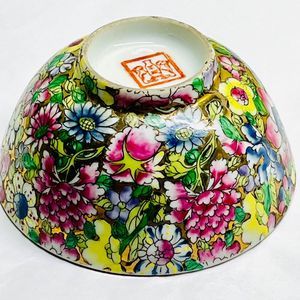 1970s Chinese Bowl Colorful All Over Floral Gold Gilt Yang Cheng Goat City